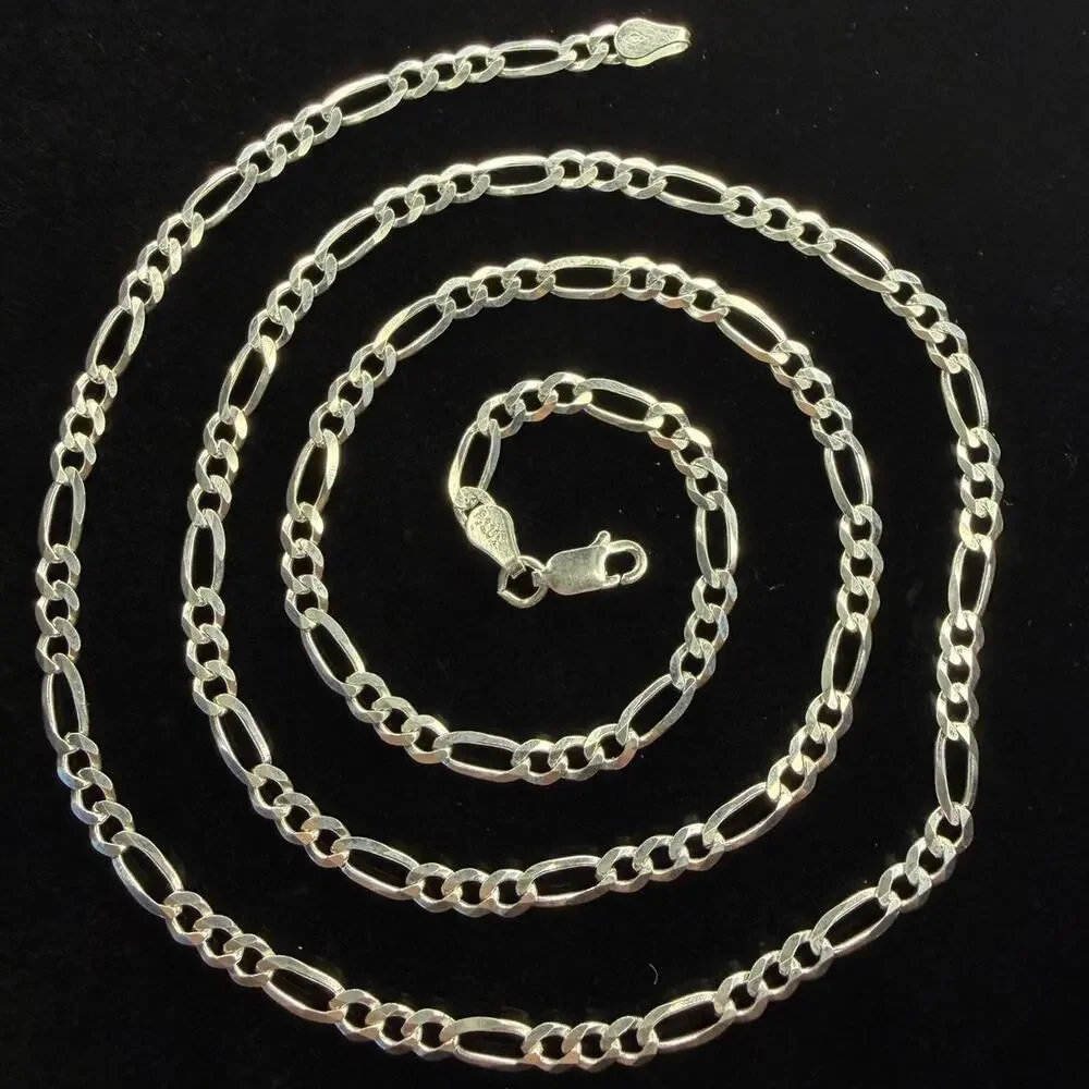 Solid 925 Italian Sterling Silver Figaro Chain Necklace 22